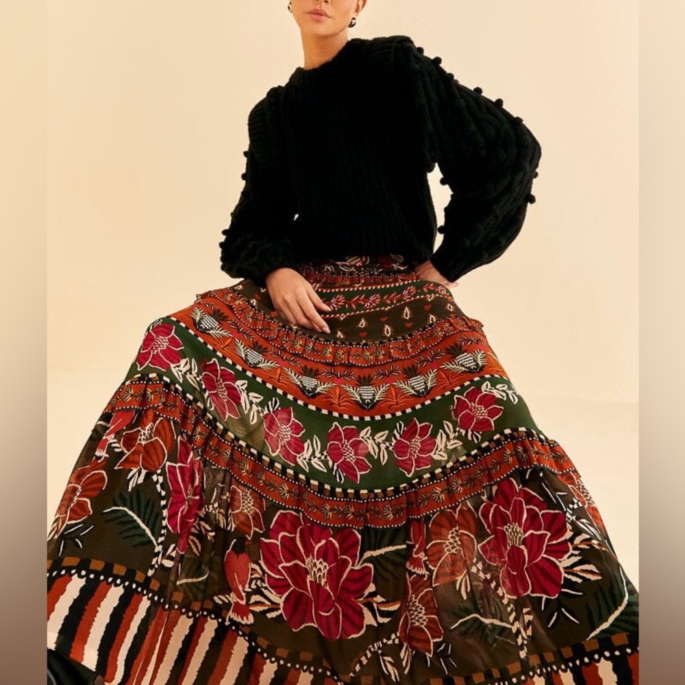 FARM Rio Floral Tiered Maxi Skirt in Black, Green, Red, Orange